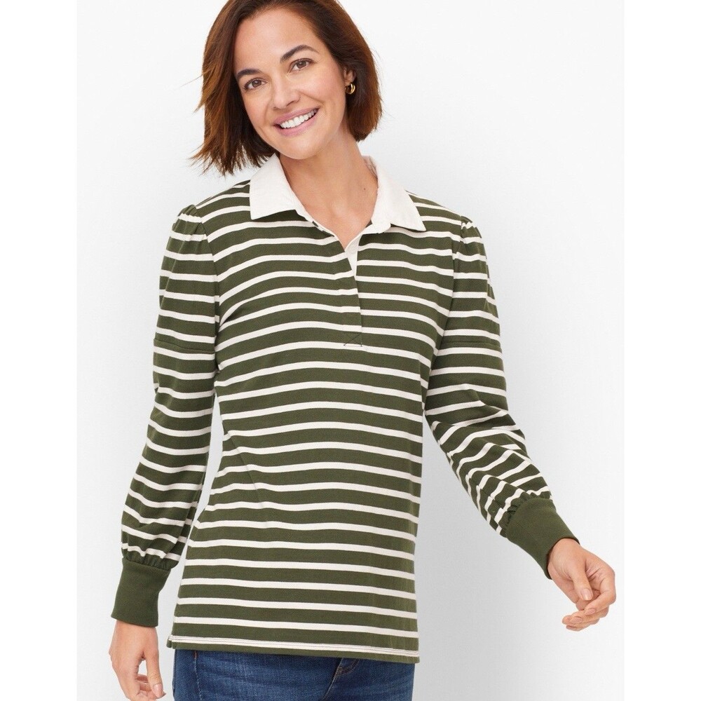 Talbots Puff Sleeve Striped Collared Shirt-Amelie Green Ivory-L Petite